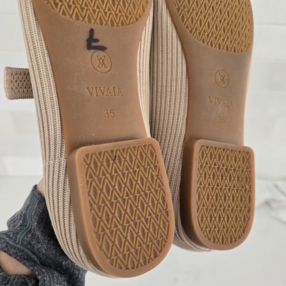 EUC Vivaia Square-Toe Mary Janes Margot Ballet Flats Almond Tan Nude Knit Sz 35 - Picture 7 of 8